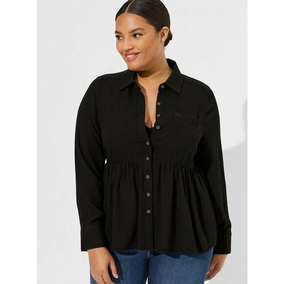 Torrid Women's Plus Black Peplum Crinkle Flannel Gauze Button Up Top - 14/16 - Picture 2 of 12